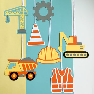 Pinfliers Construction theme birthday decoration for boys, kids, girls, paper hangings for ceiling or wall decoration, 7 pieces in 1 set, in yellow, orange, blue color